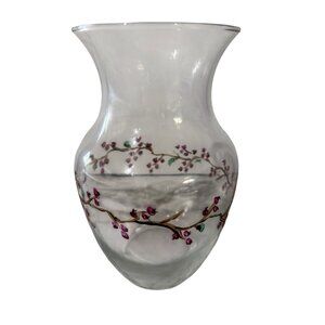 Hand Painted Clear Glass Vase With A Cranberry Vine Design